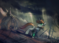 Size: 1375x1000 | Tagged: dead source, safe, artist:foxinshadow, oc, oc only, oc:littlepip, pony, unicorn, fallout equestria, barn, clothes, dutch angle, fanfic, fanfic art, female, hooves, horn, jumpsuit, mare, pipboy, pipbuck, post-apocalyptic, scenery, solo, sweet apple acres, teeth, vault suit, wasteland