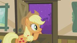 Size: 864x486 | Tagged: safe, screencap, applejack, pony, apple family reunion, g4, animated, apple, applejack's parents, door, female, hill, leaning, looking at you, looking up, night, picture frame, realization, rug, shooting star, sky, standing, tree, window