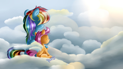 Size: 1920x1080 | Tagged: safe, artist:yuukon, rainbow dash, scootaloo, pegasus, pony, g4, blank flank, cloud, cloudy, female, filly, foal, folded wings, mare, on a cloud, rear view, scootalove, signature, sitting, sky, wings