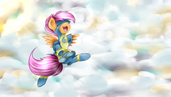 Size: 1920x1080 | Tagged: safe, artist:yuukon, scootaloo, pegasus, pony, g4, cute, cutealoo, female, goggles, scootaloo can fly, smiling, solo, wonderbolt scootaloo, wonderbolts uniform