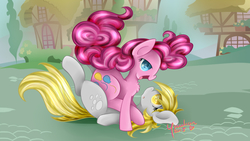 Size: 1920x1080 | Tagged: safe, artist:yuukon, derpy hooves, pinkie pie, pegasus, pony, g4, female, mare, pounce