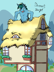 Size: 960x1280 | Tagged: safe, artist:donlawride, oc, oc only, oc:wandering quill, earth pony, anthro, giant anthro, growth, house, macro, ponyville