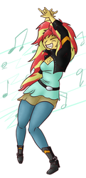 Size: 484x1000 | Tagged: safe, artist:wryte, sunset shimmer, equestria girls, g4, alternate hairstyle, cleavage, clothes, dancing, devil horn (gesture), dress, eyes closed, female, grin, high heels, jeans, leather jacket, solo