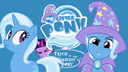 Size: 1920x1080 | Tagged: safe, artist:janswer, edit, trixie, twilight sparkle, pony, unicorn, g4, best pony, cape, clothes, emblem, female, frown, glare, grin, grumpy, grumpy twilight, hat, looking at you, looking back, mare, nose wrinkle, raised eyebrow, scrunchy face, smirk, trixie's cape, trixie's hat, vector, wallpaper, wide eyes