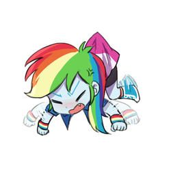 Size: 500x500 | Tagged: safe, artist:baekgup, rainbow dash, equestria girls, g4, angry, blushing, chibi, clothes, cute, cute little fangs, dashabetes, fangs, female, simple background, skirt, skirt lift, skirt pull, solo, suspended, white background