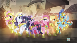 Size: 2560x1440 | Tagged: safe, screencap, applejack, fluttershy, pinkie pie, rainbow dash, rarity, twilight sparkle, g4, alternate hairstyle, elements of harmony, female, mane six, wallpaper