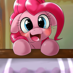 Size: 1000x1000 | Tagged: dead source, safe, artist:ushiro no kukan, pinkie pie, earth pony, pony, g4, counter, cute, diapinkes, female, floppy ears, happy, looking at you, mare, open mouth, portrait, smiling, solo, sugarcube corner, ushiro is trying to murder us