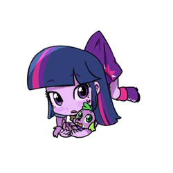 Size: 500x500 | Tagged: safe, artist:baekgup, spike, twilight sparkle, dog, equestria girls, g4, blushing, carrying, chibi, clothes, cute, looking at you, paper child, skirt, skirt lift, skirt pull, spikabetes, spike the dog, suspended, sweatdrop, twiabetes, twilight sparkle (alicorn)