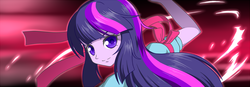 Size: 1000x346 | Tagged: safe, artist:hashioaryut, twilight sparkle, equestria girls, g4, bust, colored pupils, female, human coloration, looking at you, mystic arte, ribbon, rita mordio, smiling, solo, tales of series, tales of vesperia, twilight sparkle (alicorn)