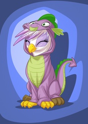 Size: 1447x2047 | Tagged: safe, artist:mysticalpha, gilda, spike, dragon, griffon, g4, :t, abstract background, clothes, commission, costume, cute, dragon costume, eyes closed, female, gildadorable, hoodie, kigurumi, ship:spilda, sitting, smiling, solo, spikelove, wide eyes