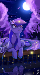 Size: 2835x5315 | Tagged: safe, artist:blackrunewarlock, oc, oc only, oc:moonlight blossom, firefly (insect), blushing, flower, flower in hair, moon, night, reflection, solo, water