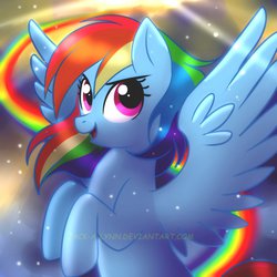 Size: 900x900 | Tagged: dead source, safe, artist:jacky-bunny, rainbow dash, pegasus, pony, g4, tanks for the memories, female, looking at you, mare, rainbow trail, solo, spread wings, watermark