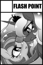 Size: 328x500 | Tagged: safe, artist:aoi takayuki, princess luna, twilight sparkle, g4, circle cut, female, grayscale, lesbian, monochrome, ship:twiluna, shipping