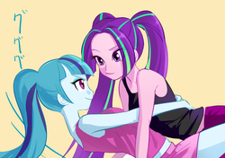 Size: 600x423 | Tagged: safe, artist:pan, aria blaze, sonata dusk, equestria girls, g4, clothes, embrace, female, lesbian, ship:arisona, shipping, sleeveless, tank top