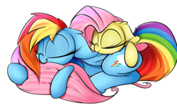 Size: 1280x759 | Tagged: safe, artist:madacon, fluttershy, rainbow dash, pegasus, pony, g4, butt pillow, cute, duo, duo female, eyes closed, female, lying down, lying on top of someone, madacon is trying to murder us, mare, prone, simple background, sleeping, smiling, tail pillow, transparent background