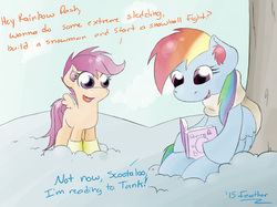 Size: 1067x800 | Tagged: safe, artist:feather, rainbow dash, scootaloo, g4, tanks for the memories, boots, clothes, reading, scarf, snow, winter