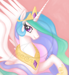 Size: 1200x1305 | Tagged: safe, artist:littlebuster-k2, princess celestia, alicorn, pony, g4, bust, female, looking at you, mare, portrait, solo, spread wings, watermark