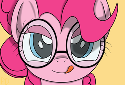 Size: 2200x1500 | Tagged: safe, artist:pavlovzdawg, pinkie pie, g4, female, glasses, licking, licking lips, solo, tongue out