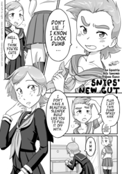 Size: 885x1254 | Tagged: safe, artist:reavz, snails, snips, comic:snips' new cut, equestria girls, g4, blushing, clothes, crossdressing, cute, dialogue, duo, freckles, male, monochrome, open mouth, school uniform, skirt, speech bubble, stockings, thigh highs