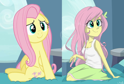 Size: 1520x1033 | Tagged: safe, artist:silbersternenlicht, edit, edited screencap, screencap, fluttershy, pegasus, pony, equestria girls, g4, season 5, tanks for the memories, clothes, comparison, cute, equestria girls interpretation, female, heart eyes, scene interpretation, skirt, smiling, solo, tank top, wingding eyes