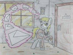 Size: 1024x775 | Tagged: safe, artist:moderndavinci, derpy hooves, pegasus, pony, g4, female, gambit, letter, mare, marvel, solo, traditional art