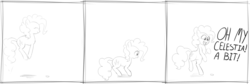 Size: 1280x432 | Tagged: safe, artist:zippysqrl, pinkie pie, earth pony, pony, g4, 30 minute art challenge, bits, black and white, comic, female, grayscale, mare, monochrome, solo