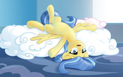 Size: 1024x640 | Tagged: safe, artist:countcarbon, sunshower, pegasus, pony, g4, bed, blue eyes, bored, cloud, indoors, looking offscreen, lying down, lying on a cloud, on a cloud, on back, open mouth, pillow, solo, spread hooves, spread wings, upside down, wings