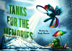 Size: 1328x940 | Tagged: safe, artist:jowyb, rainbow dash, tank, g4, tanks for the memories, crying, do i look angry, flying, ice, magnifying glass, snow, snowfall, title card