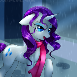 Size: 2222x2222 | Tagged: dead source, safe, artist:jacky-bunny, rarity, pony, g4, clothes, female, high res, rain, raised hoof, scarf, solo, watermark, wet, wet mane, wet mane rarity