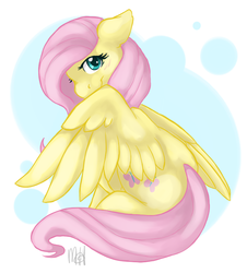 Size: 645x712 | Tagged: safe, artist:drackana, fluttershy, pegasus, pony, g4, blushing, female, floppy ears, mare, signature, simple background, solo, white background