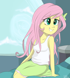 Size: 880x973 | Tagged: safe, artist:silbersternenlicht, fluttershy, equestria girls, g4, tanks for the memories, bed, bedroom eyes, clothes, cute, equestria girls interpretation, female, meme, scene interpretation, skirt, smiling, solo, tank top