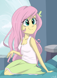 Size: 761x1033 | Tagged: safe, artist:silbersternenlicht, fluttershy, human, equestria girls, g4, tanks for the memories, bed, clothes, cute, equestria girls interpretation, female, heart eyes, meme, scene interpretation, skirt, smiling, solo, tank top, wingding eyes