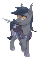 Size: 453x680 | Tagged: safe, artist:mav, oc, oc only, oc:echo, bat pony, pony, armor, fangs, female, guardsmare, mare, night guard, open mouth, raised hoof, royal guard, simple background, smiling, solo, spear, transparent background, weapon