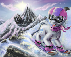 Size: 5000x4000 | Tagged: safe, artist:vittorionobile, double diamond, g4, the cutie map, absurd resolution, clothes, cute, double dawwmond, epic, goggles, happy, helmet, male, mountain, scarf, scenery, skiing, skis, snow, solo