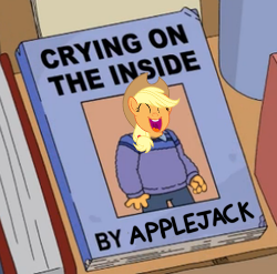 Size: 250x247 | Tagged: safe, edit, edited edit, applejack, g4, tanks for the memories, applejack cries on the inside, book, crying inside, male, the simpsons