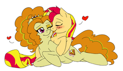 Size: 1012x583 | Tagged: safe, artist:catlover1672, adagio dazzle, sunset shimmer, earth pony, pony, unicorn, g4, blushing, duo, duo female, earth pony adagio dazzle, equestria girls ponified, face licking, female, heart, lesbian, licking, ponified, ship:sunsagio, shipping, simple background, white background