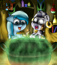 Size: 1400x1600 | Tagged: safe, artist:dreambreaker, zecora, oc, pony, zebra, g4, candle, cauldron, duo, female, open mouth, potion