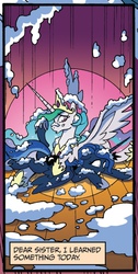 Size: 600x1186 | Tagged: safe, idw, princess celestia, princess luna, alicorn, pony, friends forever, g4, spoiler:comic, spoiler:comicff7, context is for the weak, cream pie, custard pie, foam, messy, not what it looks like, out of context, pratfall, royal sisters, slapstick, spotlight, stage, whipped cream