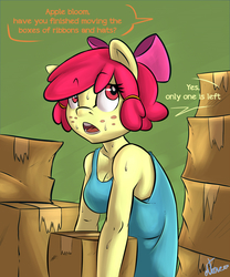 Size: 1000x1200 | Tagged: safe, artist:atane27, apple bloom, earth pony, anthro, g4, boxes, breasts, busty apple bloom, female, freckles, older, older apple bloom, solo, sweat, teenager