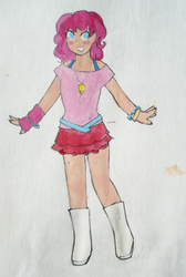 Size: 560x835 | Tagged: safe, artist:punksweet, pinkie pie, human, g4, boots, clothes, drawing, female, humanized, skirt, solo, traditional art