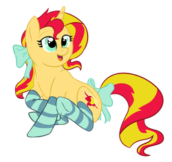 Size: 958x906 | Tagged: safe, artist:catlover1672, sunset shimmer, pony, unicorn, g4, clothes, cute, female, happy, ribbon, shimmerbetes, socks, sockset shimmer, solo, striped socks