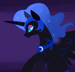 Size: 484x464 | Tagged: source needed, safe, artist:lulubell, nightmare moon, alicorn, pony, g4, bust, ethereal mane, eyelashes, eyeshadow, female, helmet, lidded eyes, makeup, mare, solo