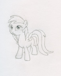 Size: 1181x1473 | Tagged: safe, artist:j4m35c, chirpy hooves, g4, feather, monochrome, mouth hold, solo