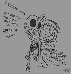 Size: 898x937 | Tagged: safe, artist:bubsakavermin, oc, oc only, oc:amber rose (thingpone), oc:skelly bones, oc:thingpone, >rape, calcium, doot, eldritch abomination, fear, grayscale, monochrome, partial color, scared, skeleton, sweat, teeth, tentacles, the thing