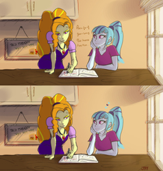 Size: 1044x1098 | Tagged: safe, artist:paintedtune, adagio dazzle, sonata dusk, equestria girls, g4, comic, crush, female, heart, lesbian, ship:sonagio, shipping, sweat, taco tuesday, tutoring