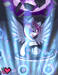 Size: 2975x3850 | Tagged: safe, artist:ladypixelheart, oc, oc only, oc:aerial soundwaves, disc jockey, explosion, high res, music, ponyvillefm