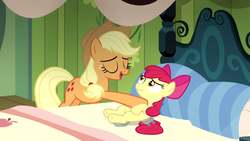 Size: 1920x1080 | Tagged: safe, artist:anon3434, edit, edited screencap, editor:anon3434, screencap, apple bloom, applejack, bloom & gloom, g4, my little pony: friendship is magic, bed, diaper, diaper edit, diaper fetish, female, non-baby in diaper