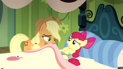 Size: 1920x1080 | Tagged: safe, artist:anon3434, edit, edited screencap, editor:anon3434, screencap, apple bloom, applejack, pony, bloom & gloom, g4, my little pony: friendship is magic, bed, diaper, diaper edit, diaper fetish, female, filly, foal, mare, non-baby in diaper