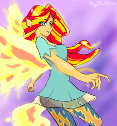 Size: 672x724 | Tagged: safe, artist:mysticalsketch, sunset shimmer, equestria girls, g4, my little pony equestria girls: rainbow rocks, my past is not today, cute, female, fiery shimmer, fire, ponied up, smiling, solo, sunset phoenix, wings