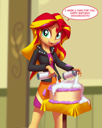 Size: 900x1125 | Tagged: safe, artist:moonlitbrush, sunset shimmer, equestria girls, g4, cake, cute, dialogue, happy birthday, messy, whipped cream